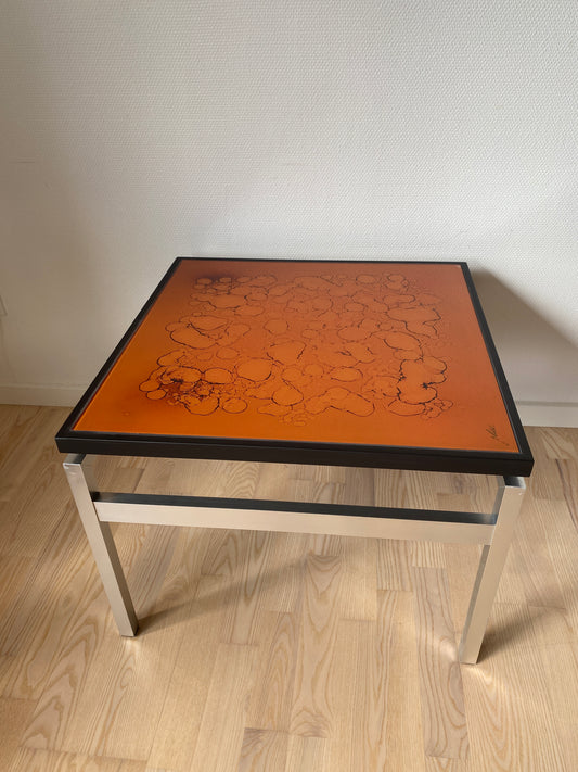 Vintage Sofatisch mit Glasplatte, Design von Jean René Talopp, signiert „J. Hald“, Draufsicht